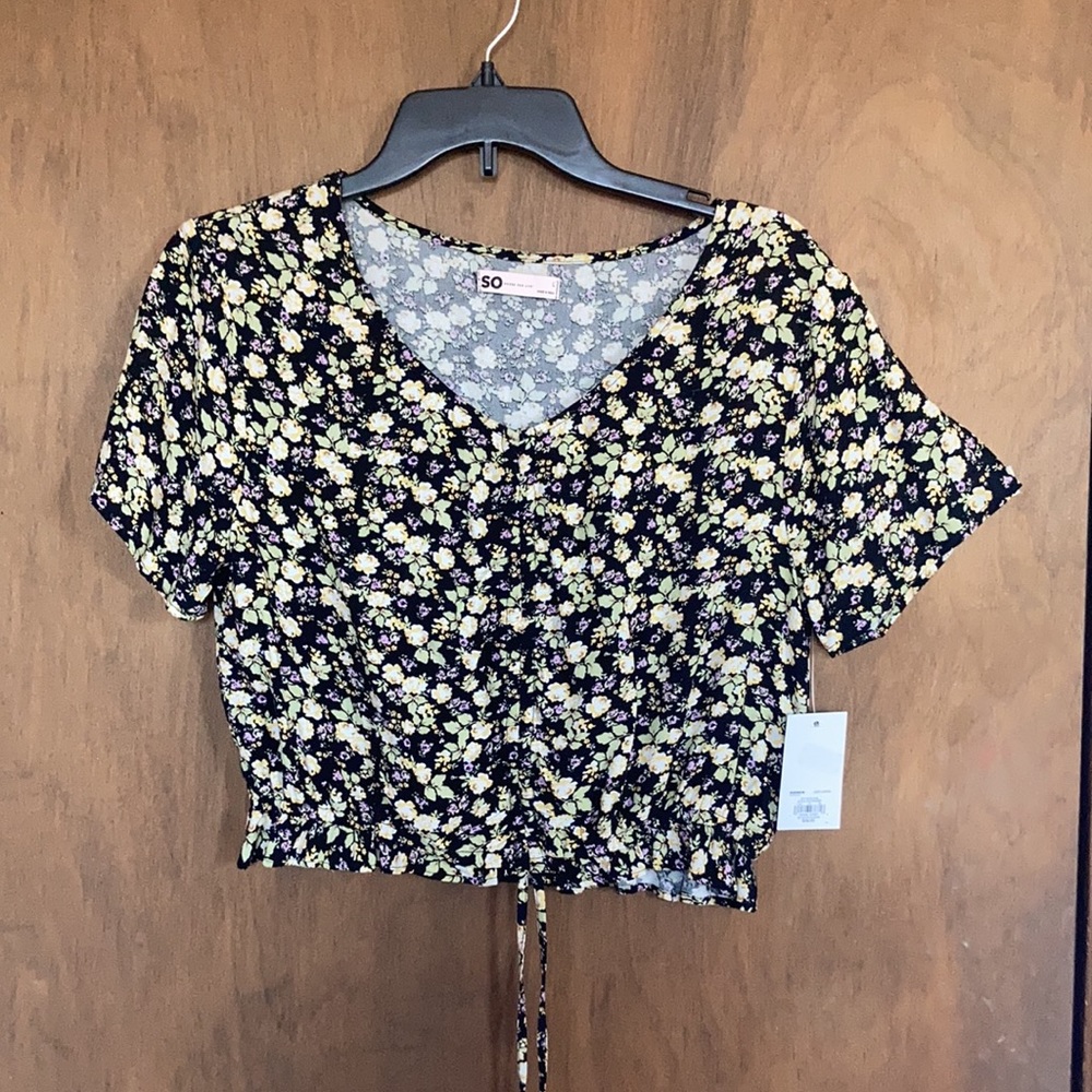 3/$24 SO top floral print cinch front short sleeve crop top boho casual  L jr - Picture 11 of 15